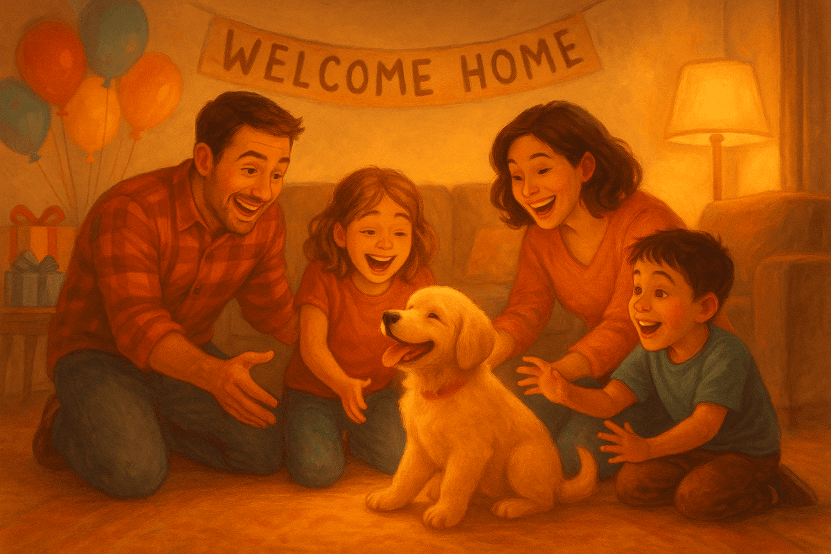 Cartoon family joyfully welcoming a new dog