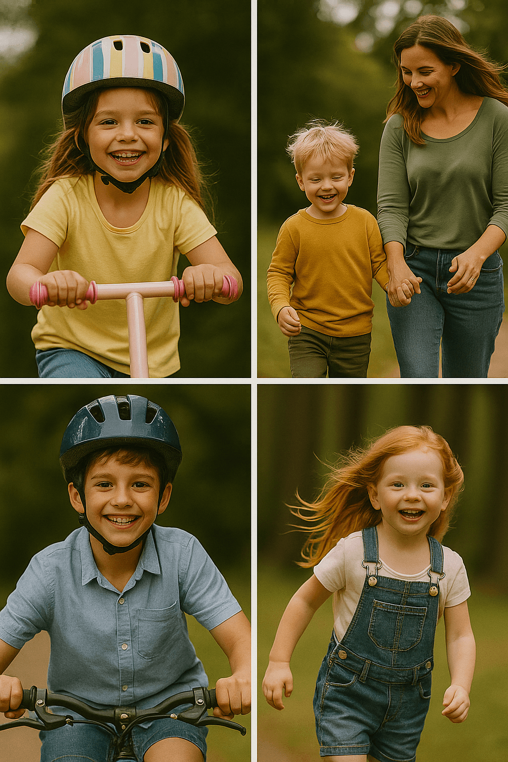 Happy children riding bikes with mother
