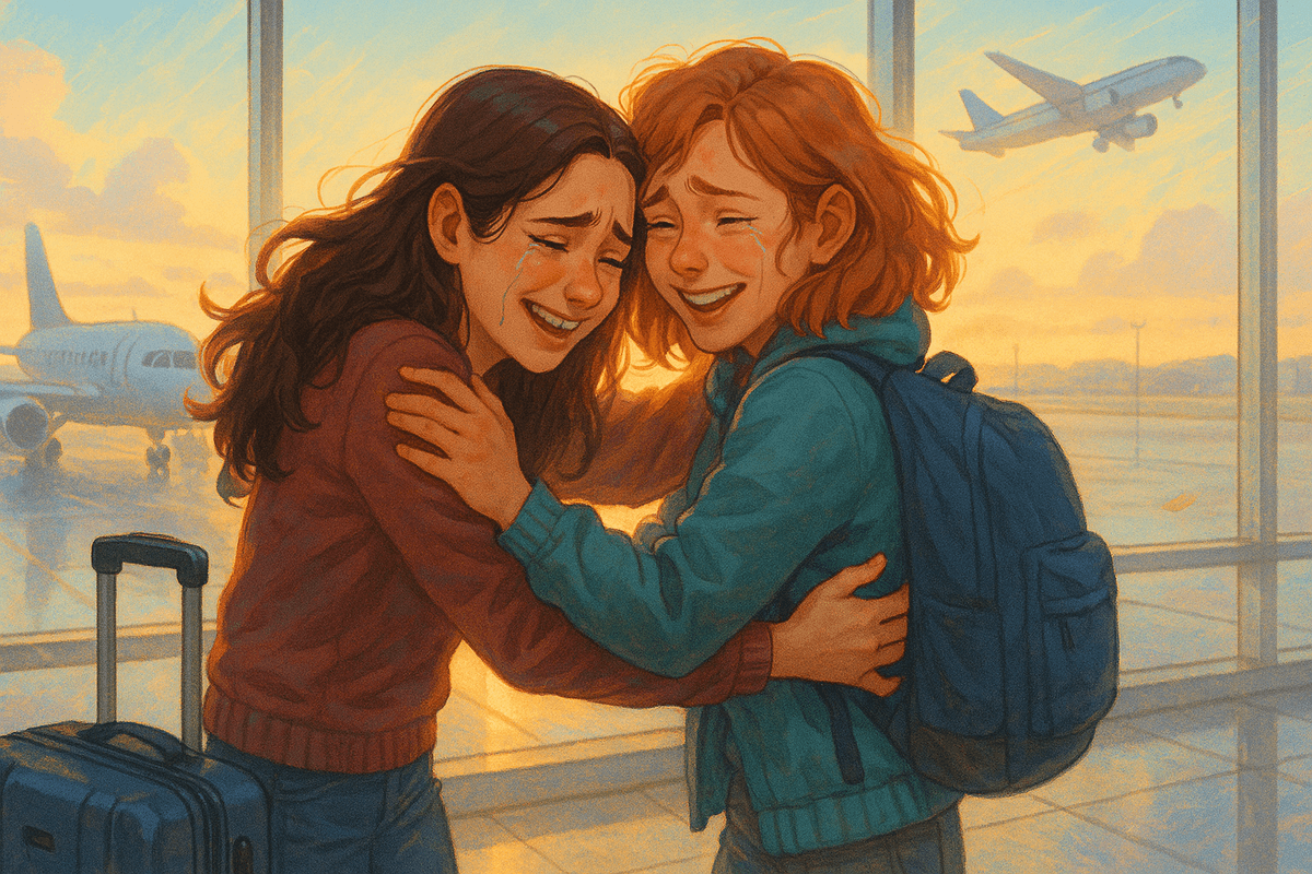 Couple crying at the airport